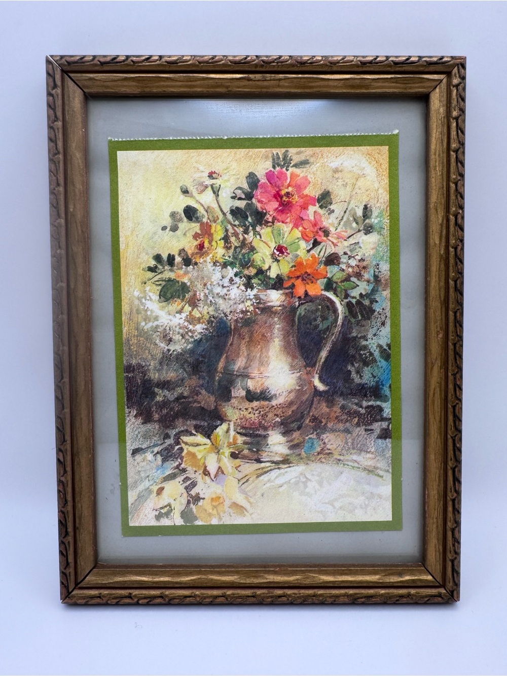 Framed Floral Still Life Print Flowers in Pitcher Gold Tone Wood Cottage Decor